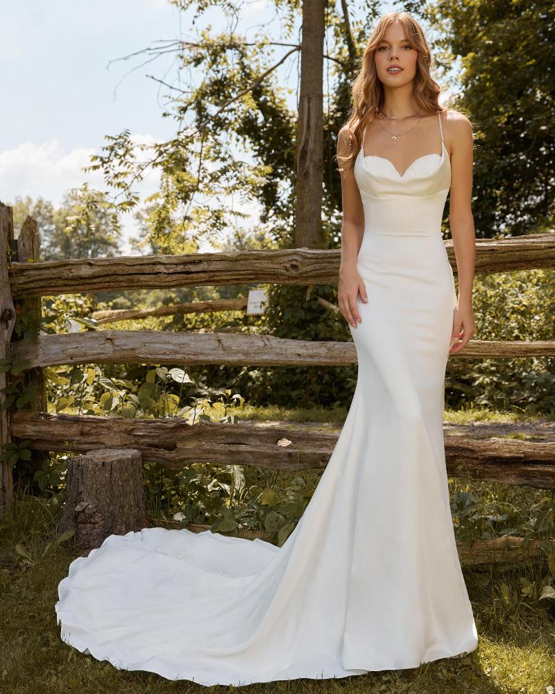 Lp2217 satin sheath wedding dress with low back and beaded sweetheart neckline3